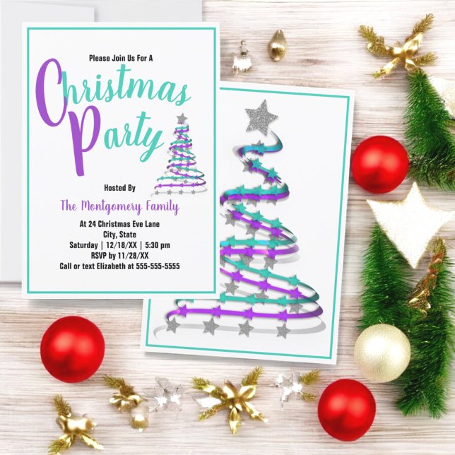 Invitación Invitan a un Fiesta de Navidades turquesa y orquíd (front and back non traditional colors Christmas
save the date invitation)