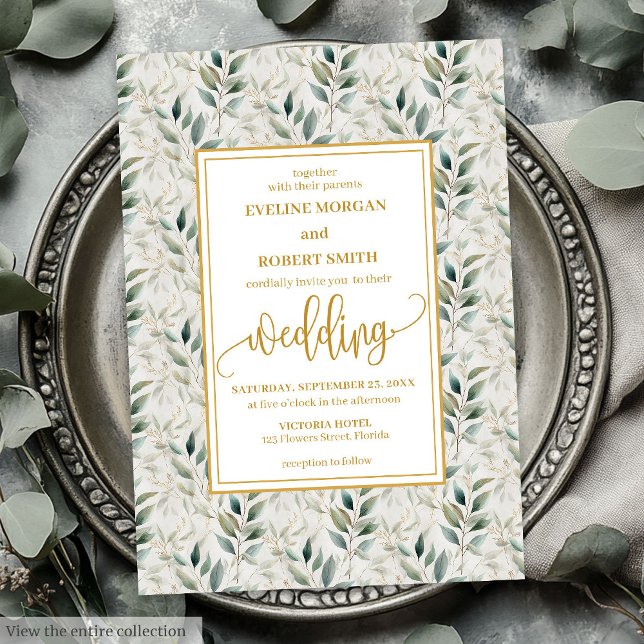 Invitación Invitan a una boda de fioliage de oro verde profun (Timeless Deep Green Gold Foliage Wedding Invitation)