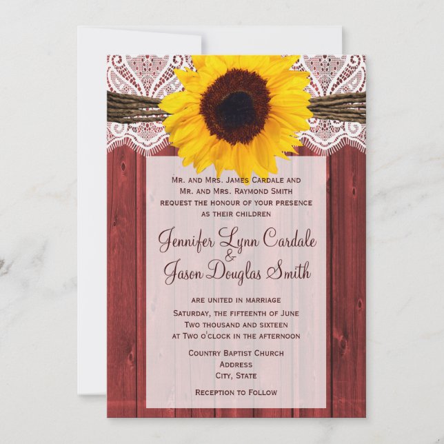 Invitación Invitan a una boda de madera roja con girasol ruso (Anverso)