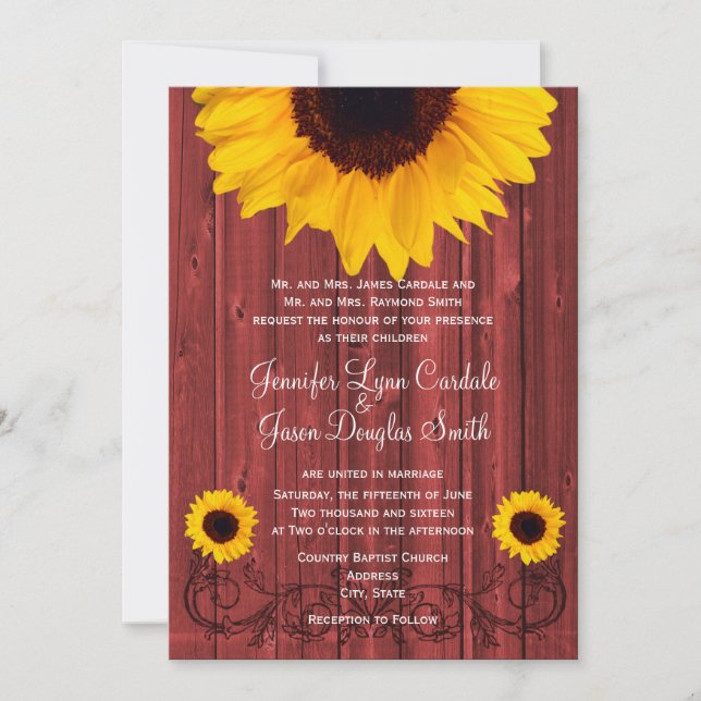 Invitación Invitan a una boda de madera roja con girasol ruso (Anverso)