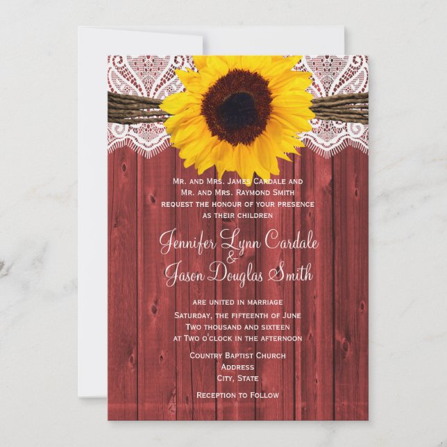 Invitación Invitan a una boda de madera roja con girasol ruso (Anverso)
