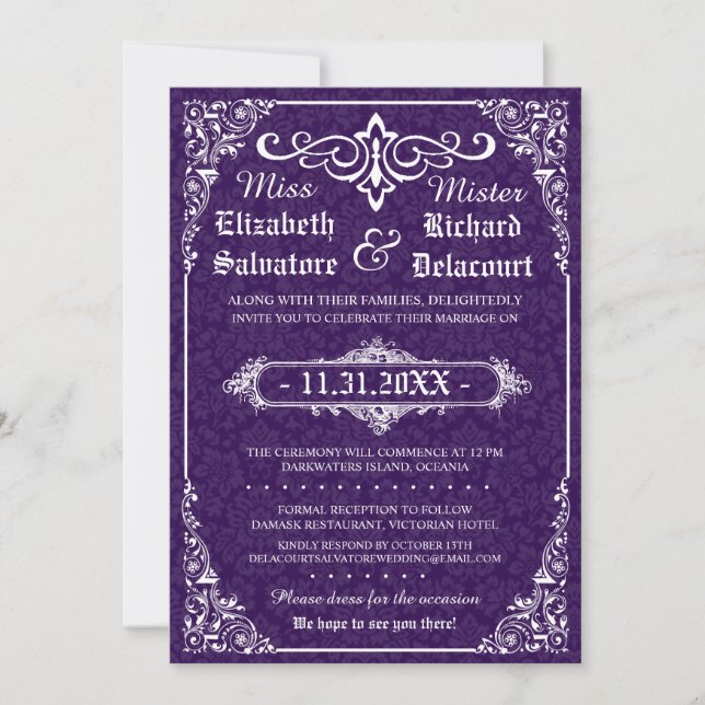 Invitación Invitan a una boda gótica violeta en Damask (Anverso)