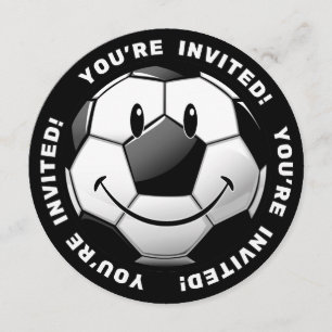 Invitación Invitan a una brillante bola de fútbol sonriente