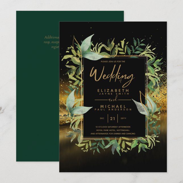 Invitación Invitan a una moderna boda verde de oro en esmeral (Anverso / Reverso)