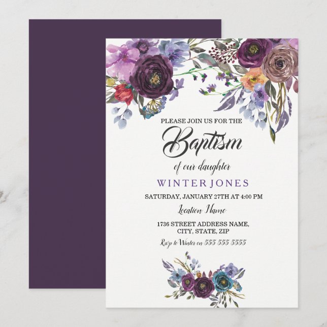 Invitación Invitan a una niña con bautismo de invierno con fl (Anverso / Reverso)