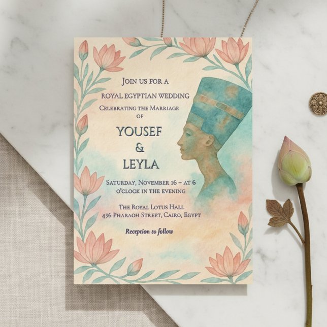 Invitación Invitan al antiguo egipcio Majestic Nefertiti (Ancient Egyptian wedding invitation with Nefertiti & lotus.)