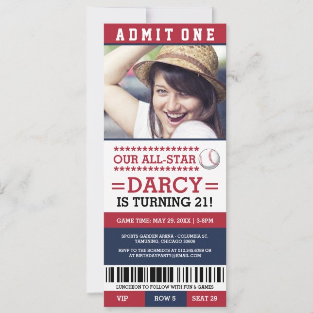 Invitación Invitan el cumpleaños del béisbol rojo y azul (Anverso)