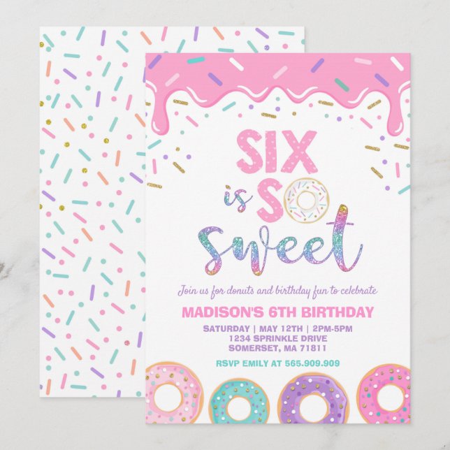 Invitación Invitar a Donut Six Is Sweet (Anverso / Reverso)