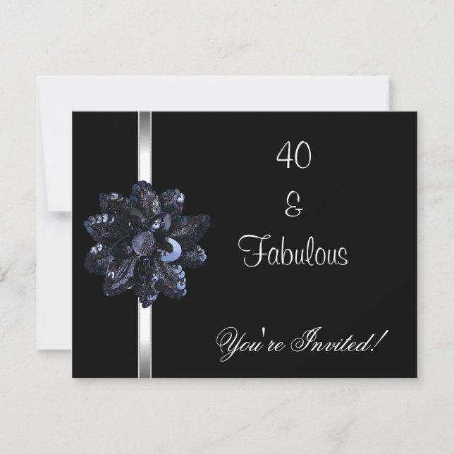 Invitación Invitar Fiesta Black Sequin Flower Fabulous 40th (Anverso)