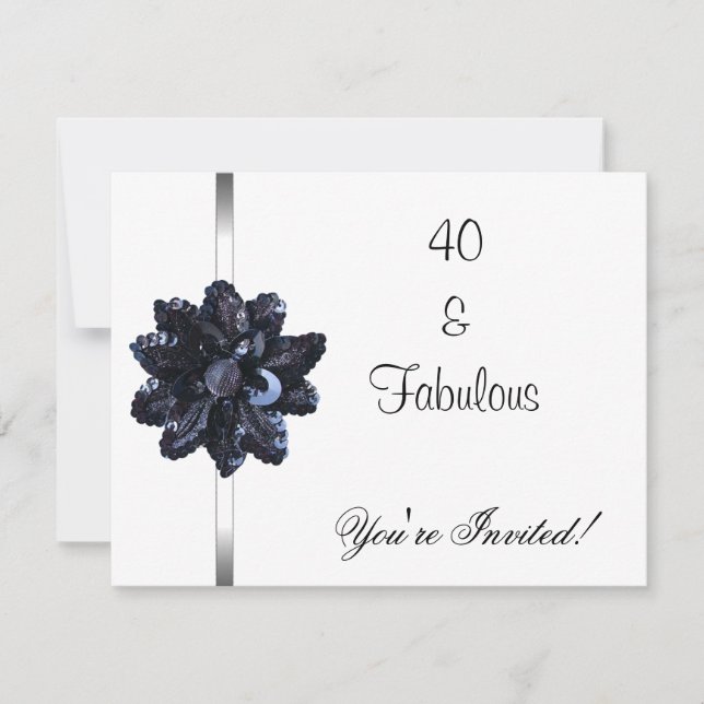 Invitación Invitar Fiesta Black Sequin Flower Fabulous 40th (Anverso)