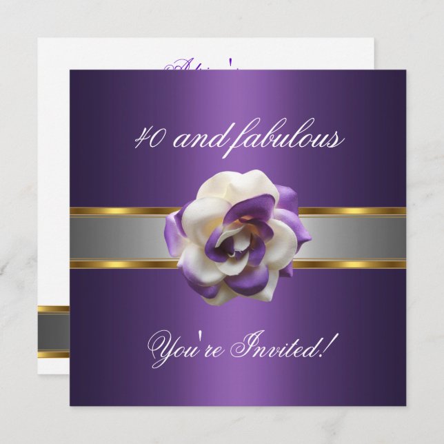Invitación Invitar Fiesta Púrpura Flor Blanca Fabulosa 40 (Anverso / Reverso)