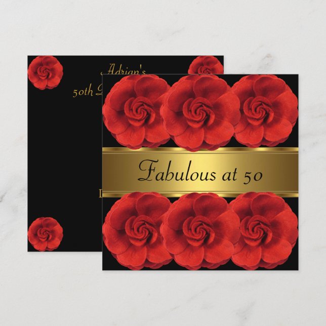 Invitación Invitar Flores Rojas Oro Negro Fabuloso 50 (Anverso / Reverso)