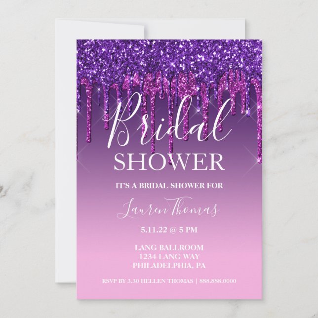 Invitación Invitar - Purpurina morado y rosado Dulce Dieciséi (Anverso)