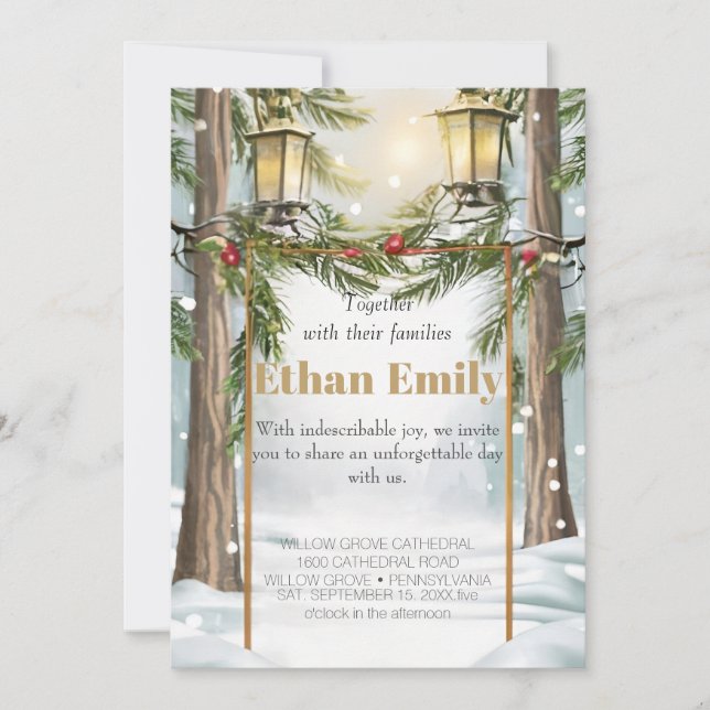 Invitación Invitat Boda botánico de pinos rústicos de inviern (Anverso)