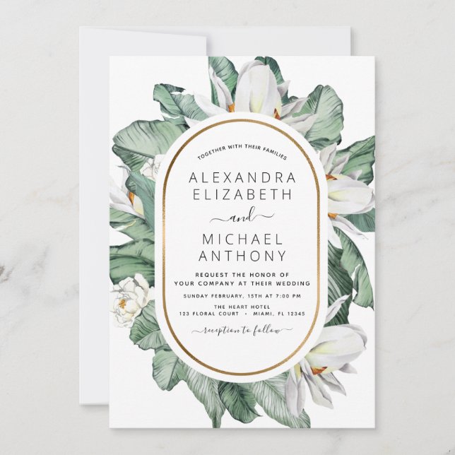 Invitación Invitat, Boda de vegetación floral de la Magnolia  (Anverso)