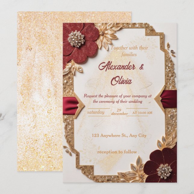 Invitación Invitat Boda floral de oro y borgoña de lujo (Anverso / Reverso)