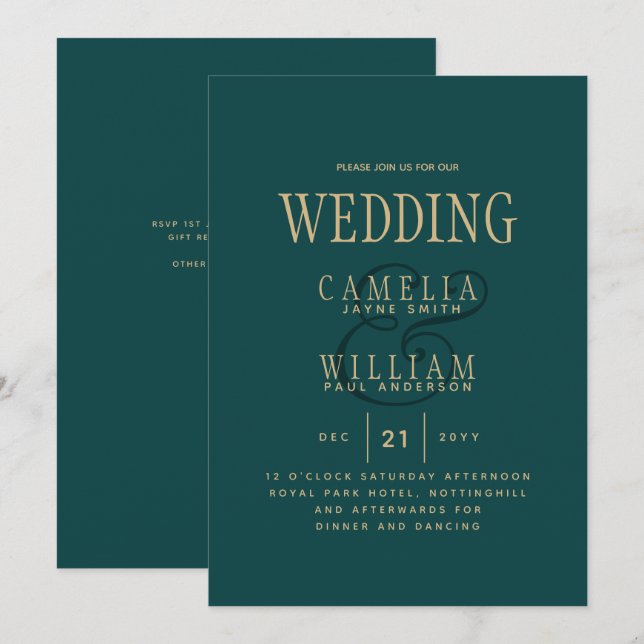 Invitación Invitat Boda Monocromo de oro verde VERDE AZULADO  (Anverso / Reverso)