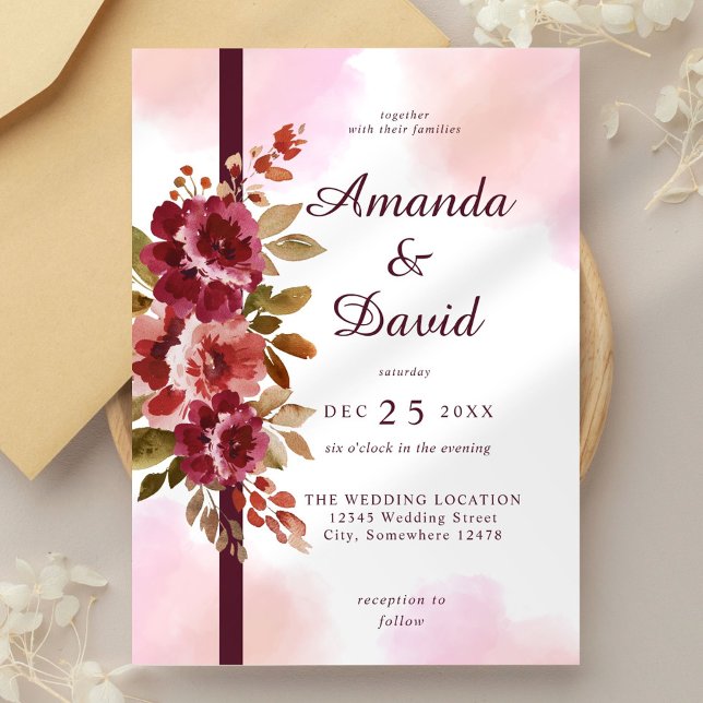 Invitación Invitat de la elegante boda floral rosa de Borgoña (Subido por el creador)