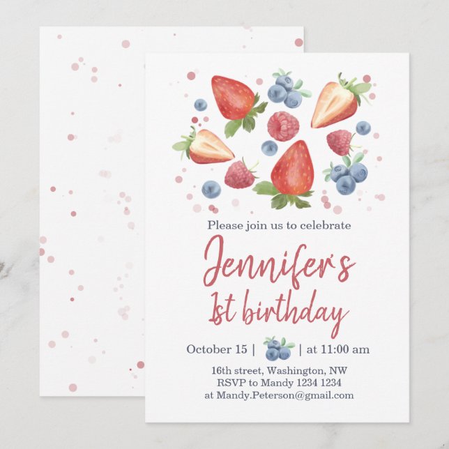 Invitación Invitat de primer cumpleaños a la fresa de Berry d (Anverso / Reverso)