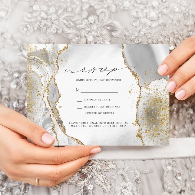 Invitación Invitat RSVP a la boda de la niebla blanca, dorada (Subido por el creador)