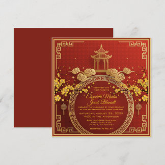 Invitación Invitati, Boda chino rojo de las flores de oro y l