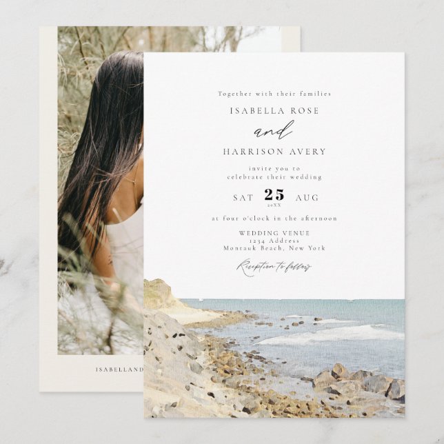 Invitación Invitati, Boda de acuarela de la playa de MONTAUK (Anverso / Reverso)