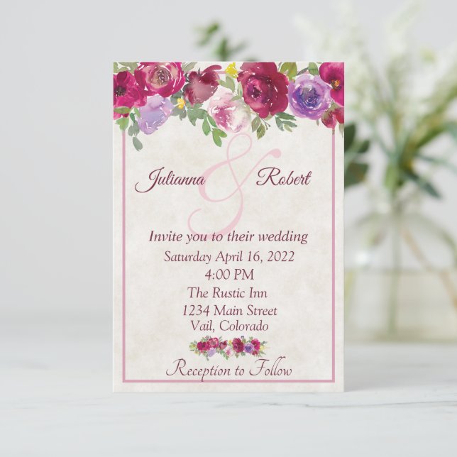 Invitación Invitati, boda de presupuesto floral de Borgoña y  (Anverso de pie)