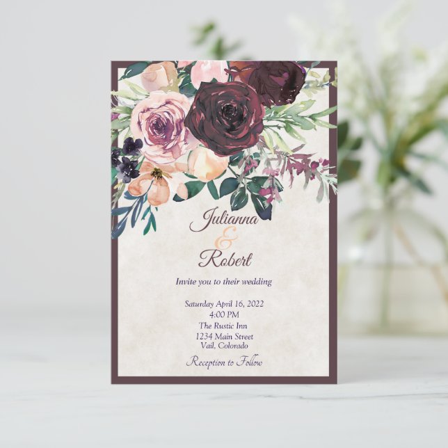 Invitación Invitati, boda de presupuesto floral de Borgoña y  (Anverso de pie)