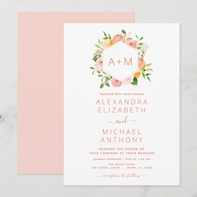 Invitación Invitati Boda floral de cítricos rosados de Rubor  (Anverso / Reverso)