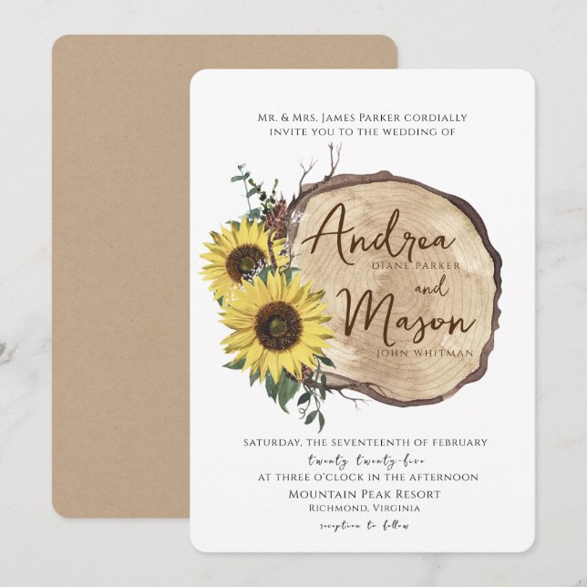 Invitación Invitati, Boda Rústico de leña de girasol otoño (Anverso / Reverso)