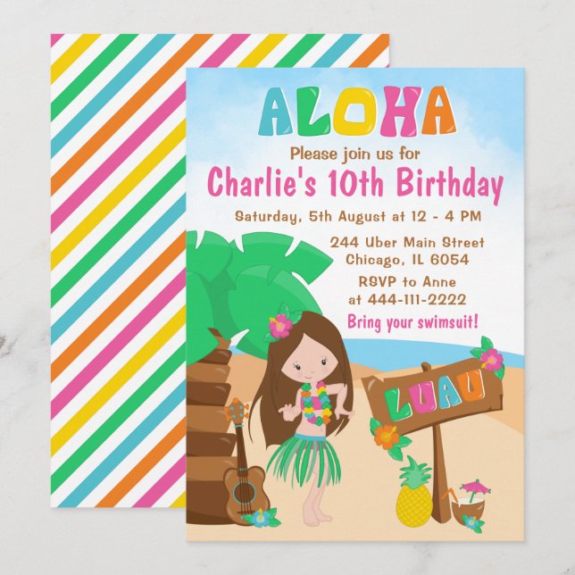 Invitación Invitati, Chica de pelo marrón, cumpleaños de Aloh (Anverso / Reverso)