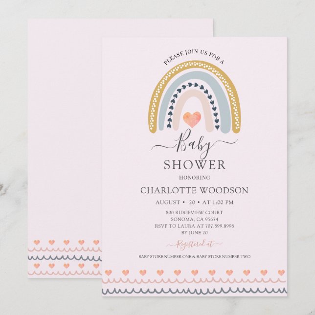 Invitación Invitati de Baby Shower color arcoiris rosa boho (Anverso / Reverso)