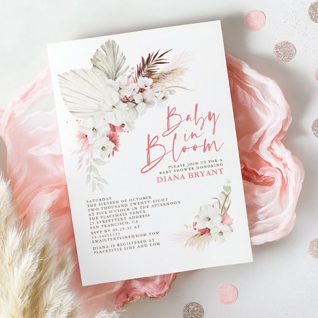 Invitación Invitati de Baby Shower de Boho Pink Floral Pampas (Baby in Bloom Pink Baby Shower Invitations Boho)