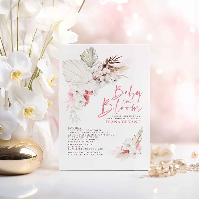 Invitación Invitati de Baby Shower de Boho Pink Floral Pampas (Baby in Bloom Elegant Floral Pink Baby Shower Invitations with Pampas Grass)