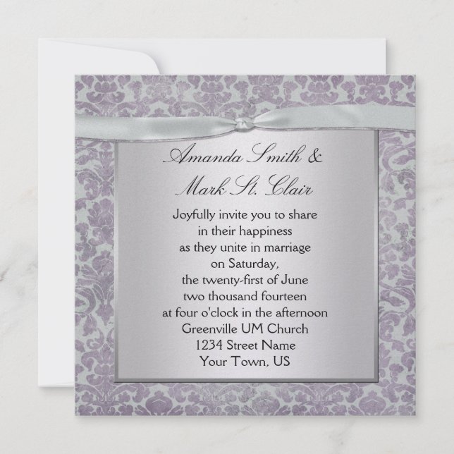 Invitación Invitati de bodas de lavanda y damasquinado platea (Anverso)