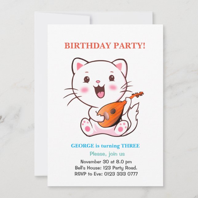 Invitación Invitati de cumpleaños de gatos y globos multicolo (Anverso)
