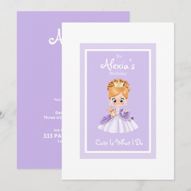 Invitación Invitati de cumpleaños de princesa blanca y morada (Anverso / Reverso)
