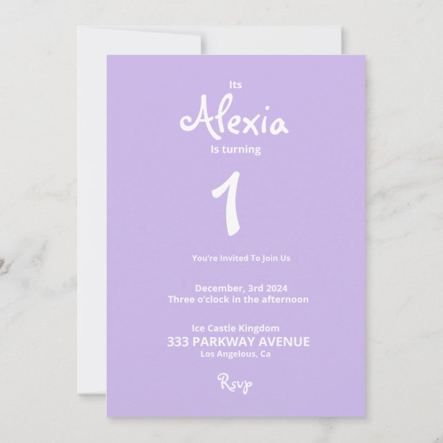 Invitación Invitati de cumpleaños de princesa blanca y morada (Reverso)