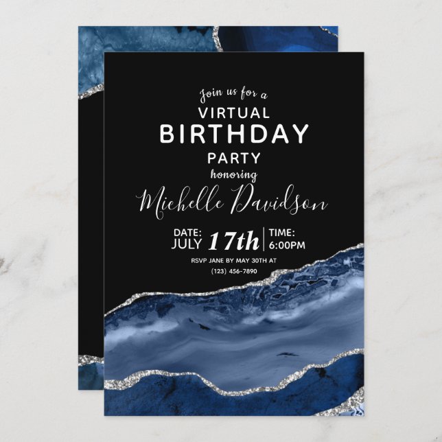 Invitación Invitati de cumpleaños virtual de Navy Blue & Silv (Anverso / Reverso)