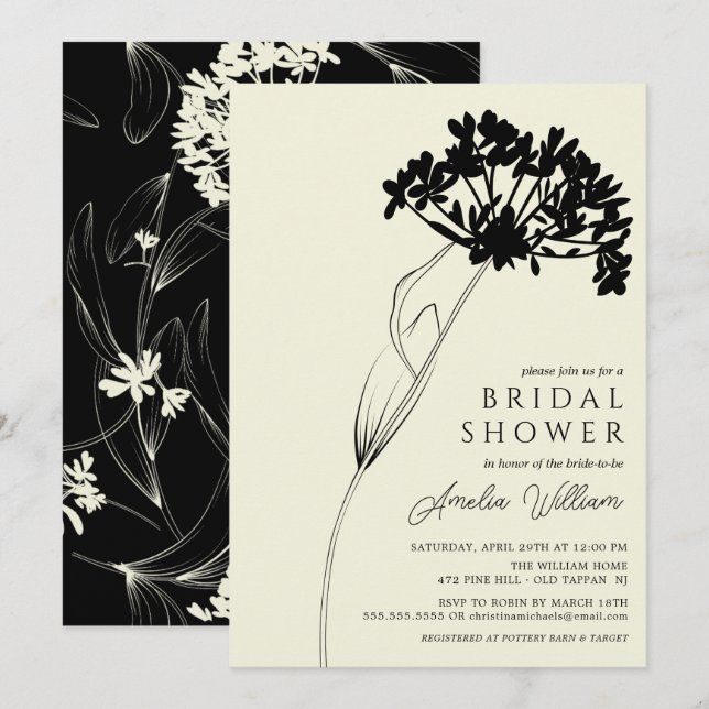 Invitación Invitati de ducha de novia floral moderna en negro (Anverso / Reverso)