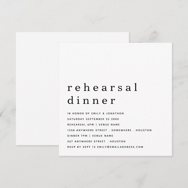Invitación Invitati de la cena de ensayo blanco negro contemp (Anverso / Reverso)