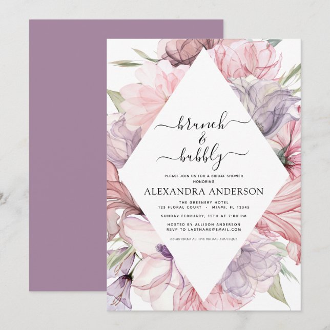 Invitación Invitati de la ducha de novias moradas de brunch b (Anverso / Reverso)