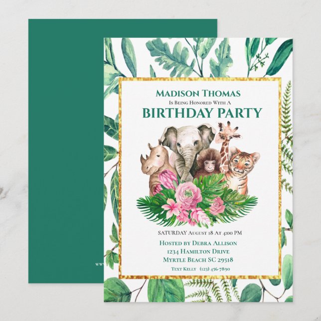 Invitación Invitati de la fiesta de cumpleaños de los animale (Anverso / Reverso)