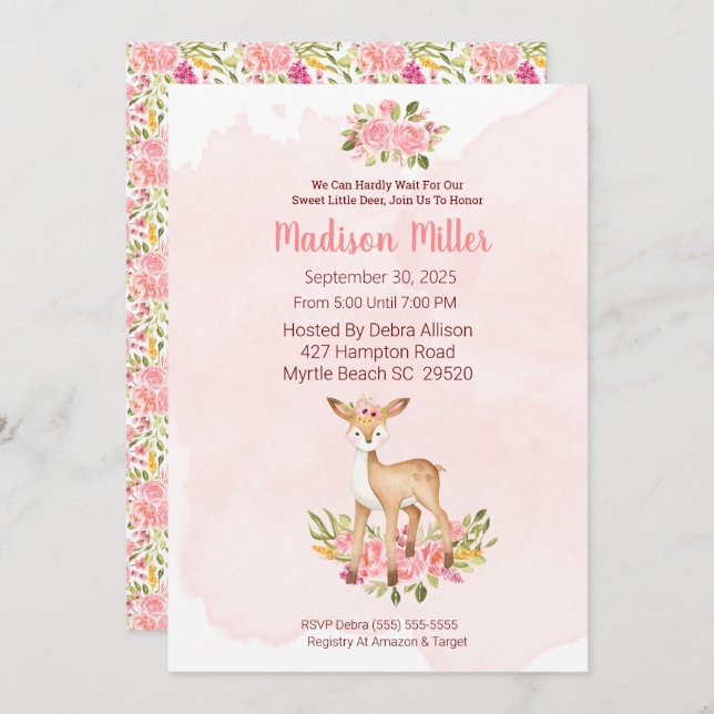 Invitación Invitati de Woodland Deer Pink Floral (Anverso / Reverso)