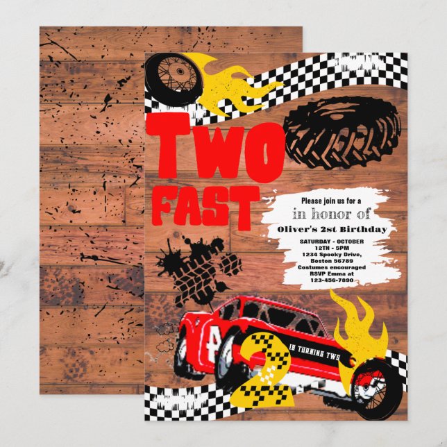 Invitación Invitati, dos Fiesta de cumpleaños de Fast Race Ca (Anverso / Reverso)