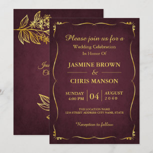 Invitación Invitati, Moderno Y Elegante Borgoña Y Boda De Oro