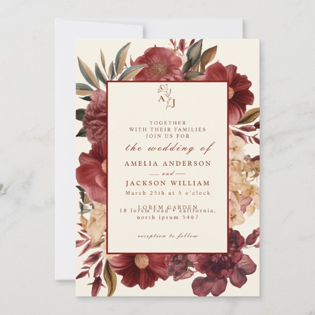 Invitación Invitatio romántico Boda de cobre y rojo borgoña (Anverso)