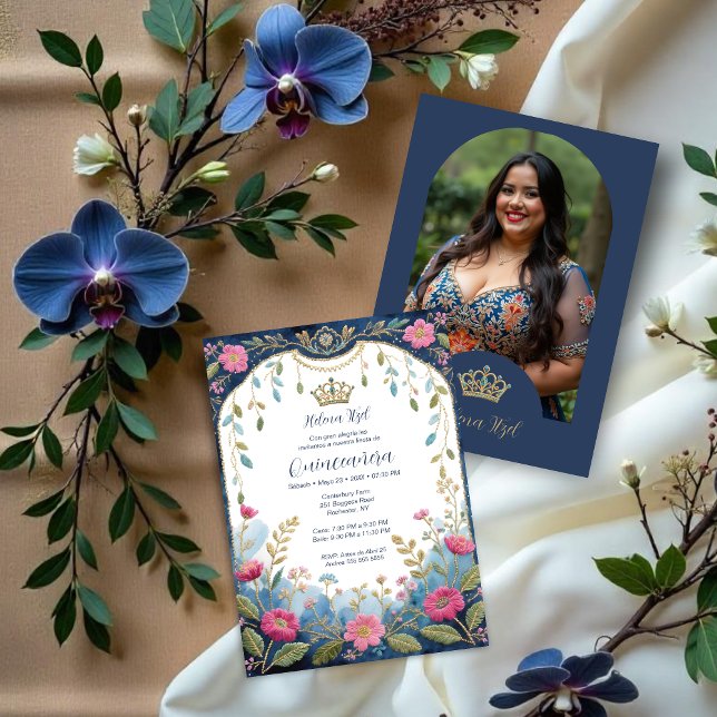 Invitación Invitation (Blue Spanish Mexican Inspired Floral Border Embroidery Style Quinceañera Invitation Cards.)