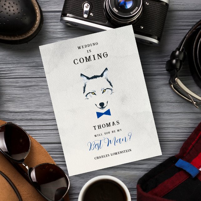 Invitación Invitation (Grey Shades Best Man Proposal Card with Blue Bow Tie Featuring Wedding Wolf Design. )