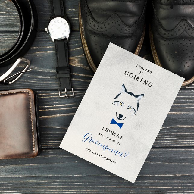 Invitación Invitation (Grey Shades Groomsman Proposal Card with Blue Bow Tie Featuring Wedding Wolf Design.)